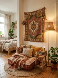 Tapestry defining a cozy reading corner in a bedroom