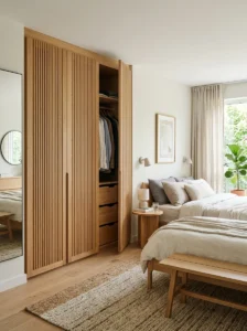 Slatted wood wardrobe doors.