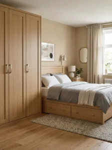 Under-bed storage matching bedroom cupboard.
