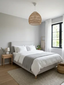 Scandinavian grey and white bedroom with minimalist décor