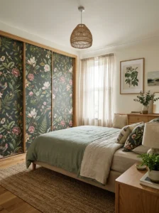 Botanical statement wallpaper covering bedroom closet doors