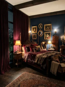 Deep velvet curtains creating a moody bedroom atmosphere.