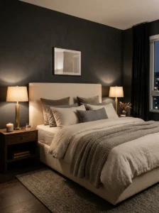 Cozy bedroom with deep charcoal walls and warm neutral bedding.