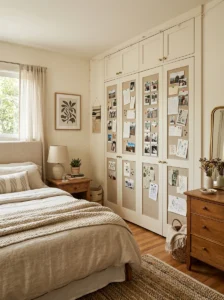 Fabric-covered bulletin board closet door panels