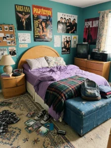 Denim bench and plaid throw adding authentic 90s texture to a bedroom.