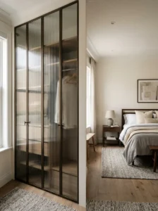 Reeded glass closet door panels in a modern bedroom
