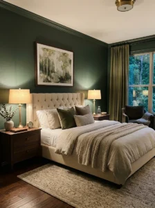 Deep forest green bedroom with cream bedding and brass accents.