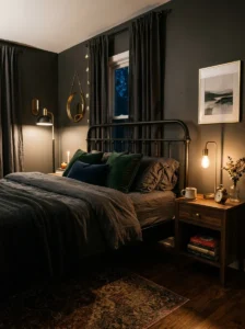 Dark-toned furniture creating a cohesive witchy bedroom.