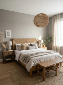 Grey bedroom with natural woven rattan accents