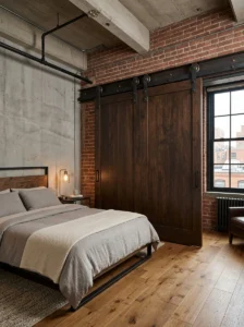 Industrial sliding closet doors with exposed metal hardware