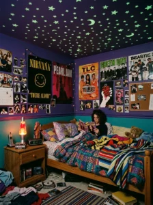 Glow-in-the-dark stars scattered across the ceiling of a nostalgic 90s bedroom.