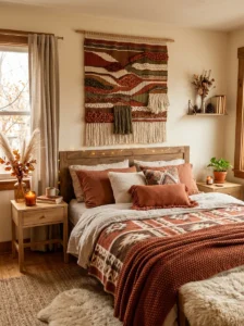 Warm seasonal tapestry display in a cozy boho bedroom