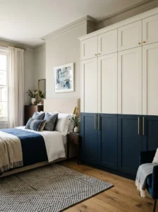 Two-tone painted closet doors in a bedroom