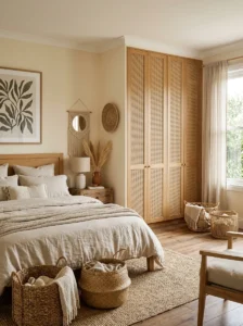 Woven cane closet doors in a relaxed bedroom