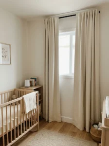 Slim blackout curtains providing light control in a compact nursery.