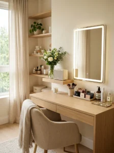 Small speaker styled on a beauty vanity for music during getting-ready routines.