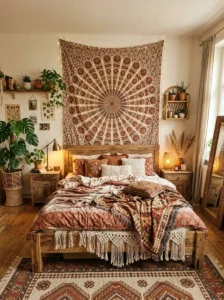Mandala tapestry creating classic boho character in a bedroom