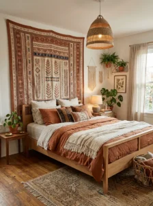 Large tapestry used as a headboard behind a boho bed