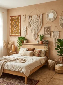 Boho bedroom combining woven tapestries and macrame wall hangings