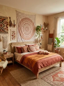 Boho bedroom mixing tapestry patterns within a warm earthy color palette
