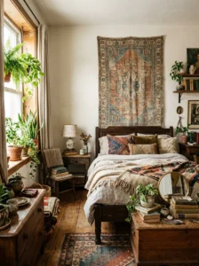 Vintage tapestry adding authentic character to a boho bedroom