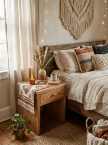 Small tapestry used as a decorative nightstand runner