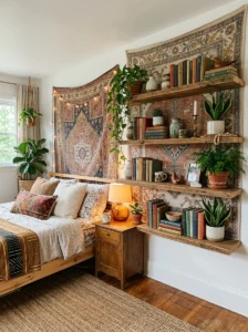 Tapestry used as a backdrop behind open bedroom shelving