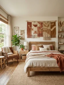 Boho bedroom with naturally toned earthy tapestry colors