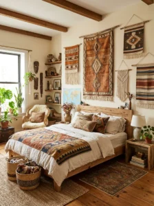 Personally meaningful tapestries displayed in a collected boho bedroom