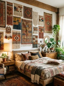 Collected tapestry wall creating a personal boho bedroom story