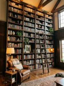 Floor-to-ceiling bookshelves with a library ladder in a tall living room.