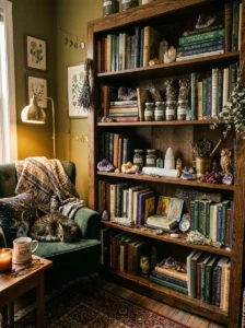 Bookshelf with spiritual and herbalism books in a witchy bedroom.