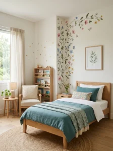 Girls bedroom decorated with removable floral and star wall decals.