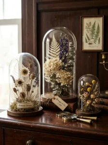 Preserved botanicals displayed under glass domes.