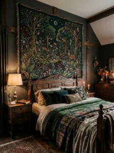 Botanical tapestry adding texture to a witchy bedroom.