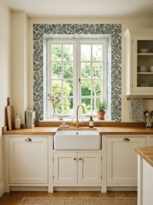 Kitchen window framed with bold botanical wallpaper as a decorative focal point.