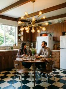 Sputnik pendant light in a mid-century kitchen.