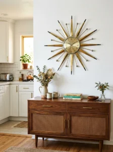 Large brass starburst wall clock displayed on white kitchen wall above walnut sideboard, authentic 1960s styling, chrome accents, warm daylight, realistic editorial photography, vertical 2:3