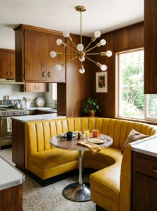 Mid-century breakfast nook with vinyl booth seating.