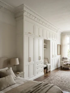 Bedroom cupboard with ceiling trim.