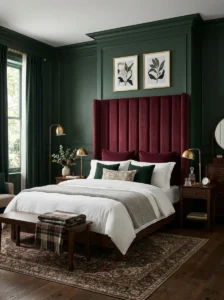 Statement velvet headboard in a romantic bedroom.