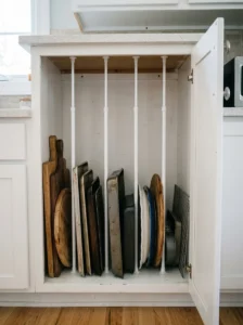 Tension rods creating vertical storage for baking sheets and cutting boards.