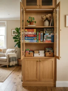 Family room with organized board game storage.