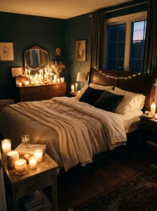 Candlelight creating a romantic bedroom atmosphere.