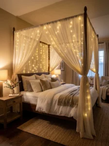 Canopy bed decorated with warm fairy lights