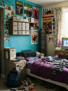 Cassette tapes and VHS-inspired decor displayed in a nostalgic 90s bedroom.