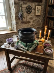 Cast iron ritual cauldron displayed in a witchy bedroom.