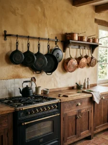 Cast iron skillets and copper cookware displayed in an apothecary kitchen