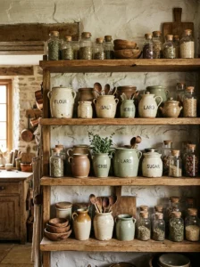 Handmade ceramic crocks displayed on open shelves in an apothecary kitchen