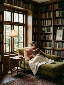 Chaise lounge reading corner surrounded by books.